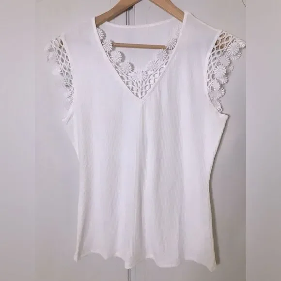 Boho White Lace Crochet Ribbed V Neck Cap Sleeve Fitted Boutique Top Size XL - Picture 2 of 6